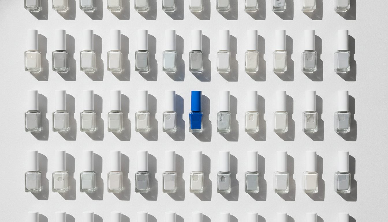 Polish bottles arranged in a grid on a pale surface