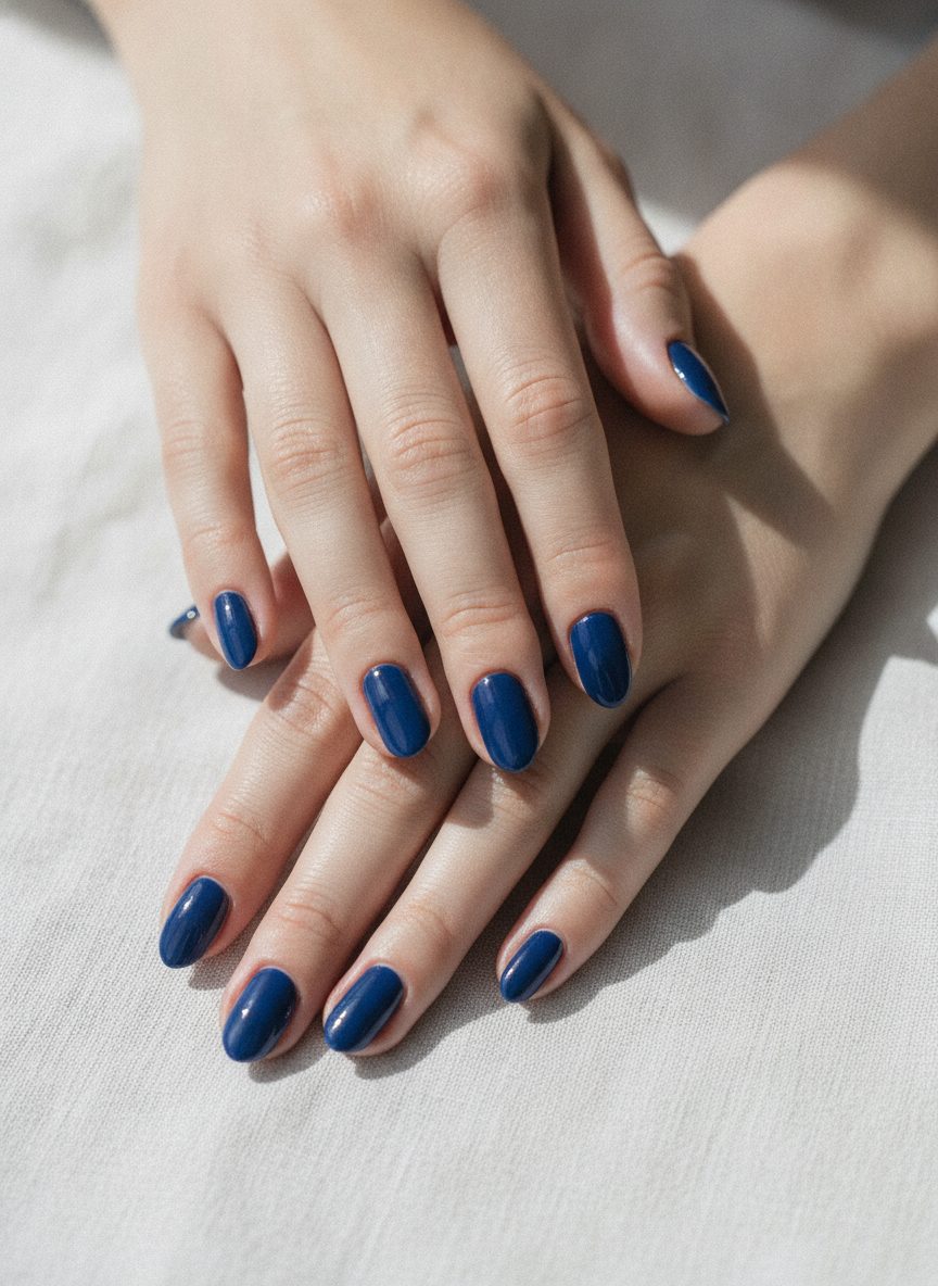 Close up of hands with a glossy cobalt blue manicure resting on a pale surface