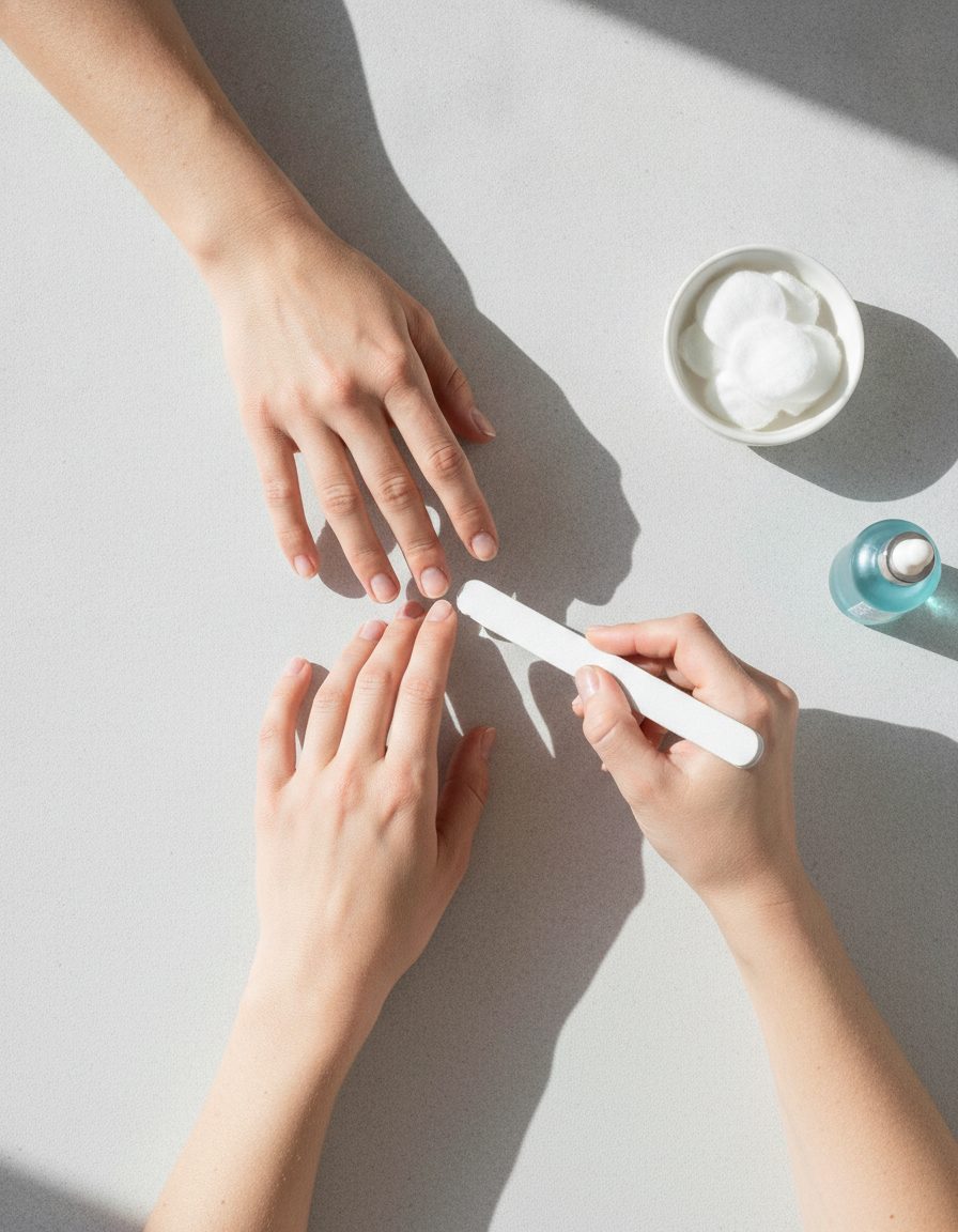Overhead view of a manicure in progress on a pale stone table