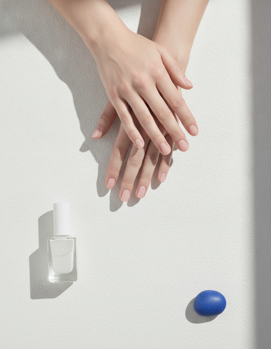 Hands with a clean nude manicure beside a bottle of clear polish